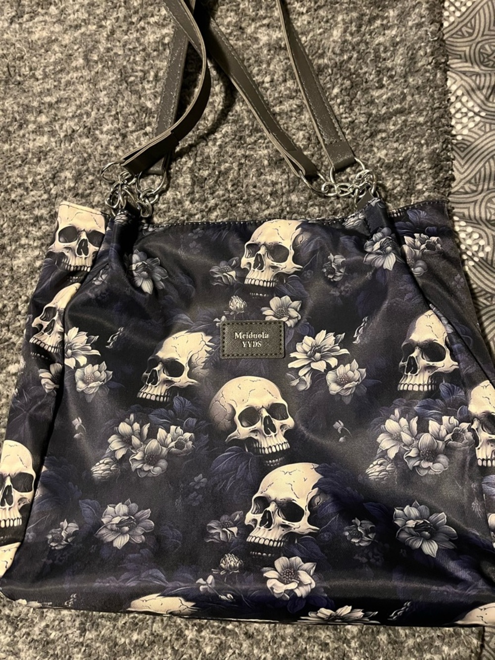 Skull Floral Print Tote Bag - Midnight Blue